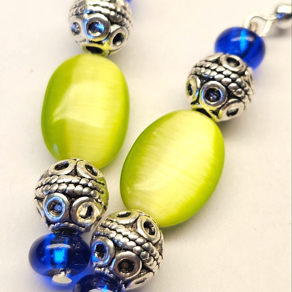 Handmade Earrings Green and Blue Beaded Earrings - Picture 4 of 6